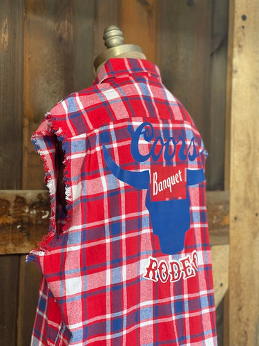 Coors Banquet Rodeo Sleeveless Flannel- Red/White/Blue Plaid